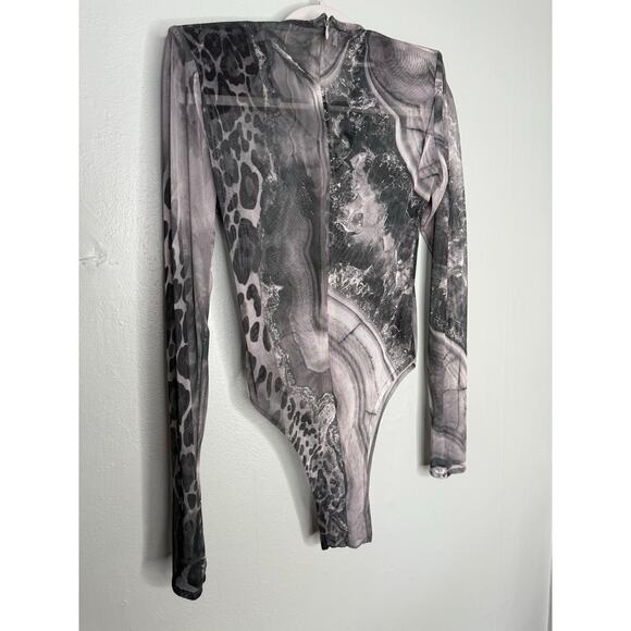 TUBO sheer printed long sleeve bodysuit with shoulder pads luxury art deco - Picture 7 of 8